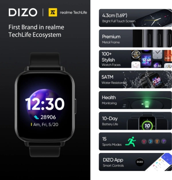 DIZO (Realme) DIZO Watch 2 (by realme TechLife) - 4.3cm (1.69" inches), Black, Blue, Grey, Pink, White